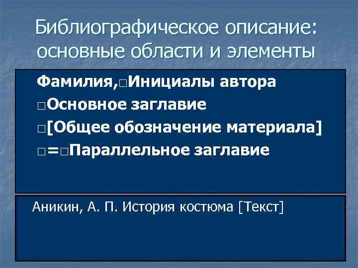 Библиографическое описание: основные области и элементы Фамилия, □Инициалы автора □Основное заглавие □[Общее обозначение материала]