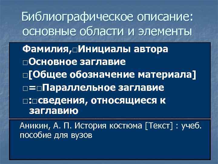 Библиографическое описание: основные области и элементы Фамилия, □Инициалы автора □Основное заглавие □[Общее обозначение материала]