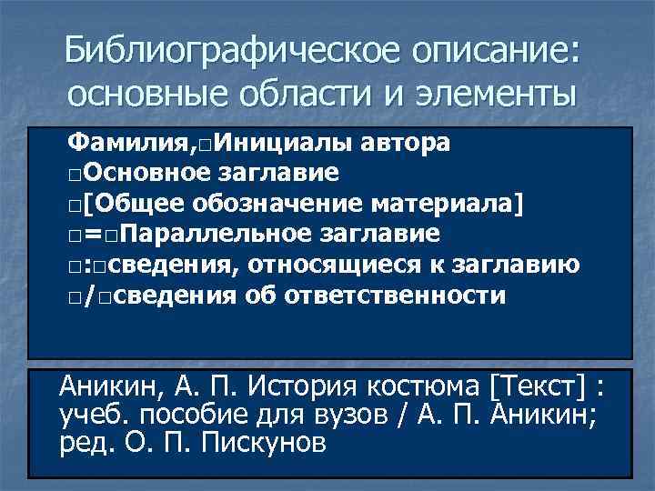 Библиографическое описание: основные области и элементы Фамилия, □Инициалы автора □Основное заглавие □[Общее обозначение материала]