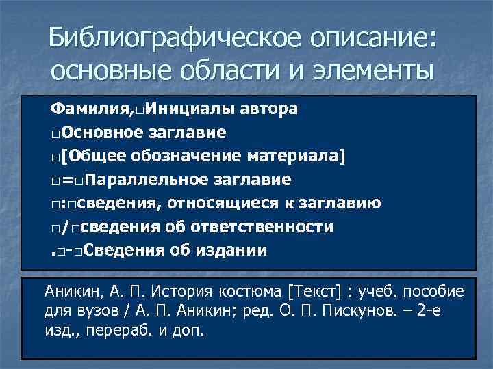 Библиографическое описание: основные области и элементы Фамилия, □Инициалы автора □Основное заглавие □[Общее обозначение материала]