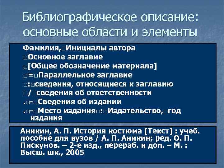 Библиографическое описание: основные области и элементы Фамилия, □Инициалы автора □Основное заглавие □[Общее обозначение материала]