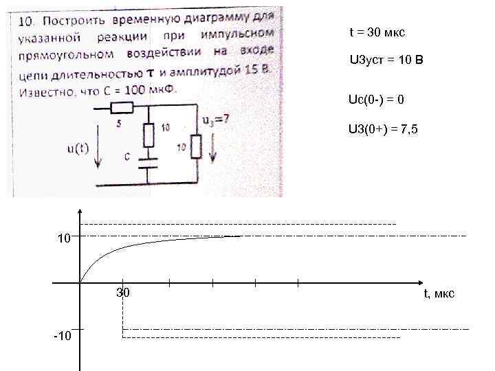 t = 30 мкс U 3 уст = 10 В Uc(0 -) = 0