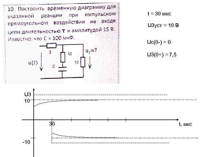 t = 30 мкс U 3 уст = 10 В Uc(0 -) = 0