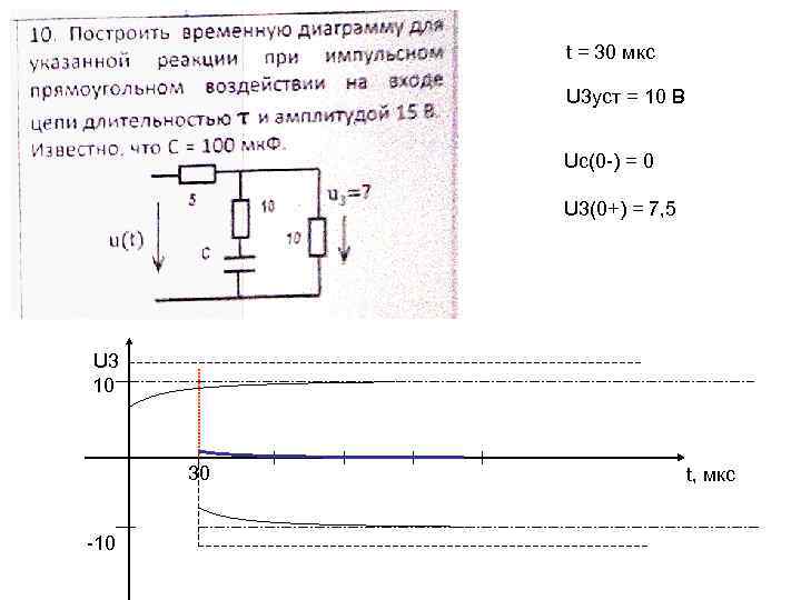t = 30 мкс U 3 уст = 10 В Uc(0 -) = 0