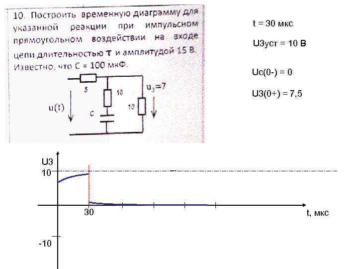 t = 30 мкс U 3 уст = 10 В Uc(0 -) = 0