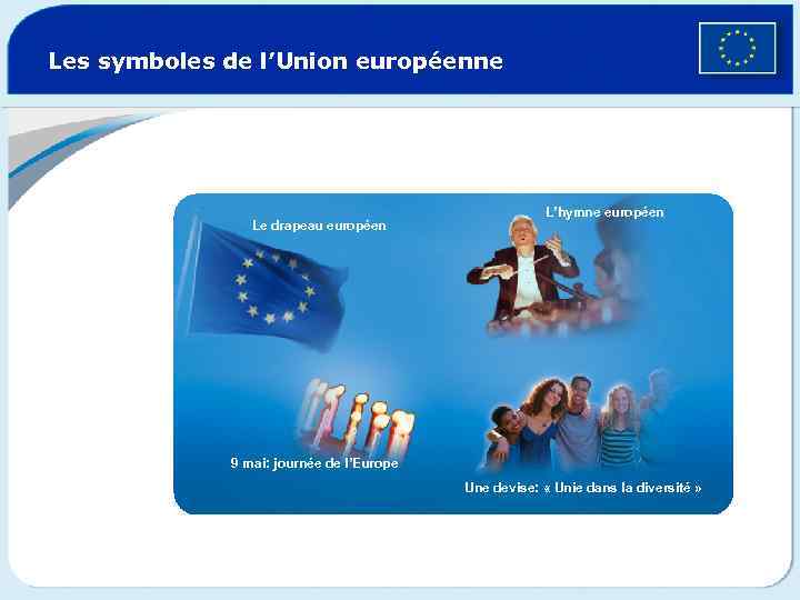 Les symboles de l’Union européenne Le drapeau européen L’hymne européen 9 mai: journée de