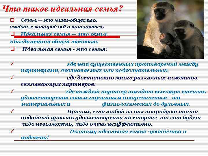 Что такое идеальная семья? o Семья — это мини-общество, ячейка, с которой всё и