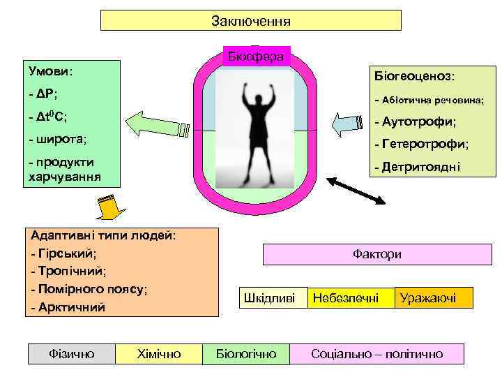Заключення Біосфера Умови: Біогеоценоз: Абіотична - ΔР; - Абіотична речовина; - Δt 0 C;