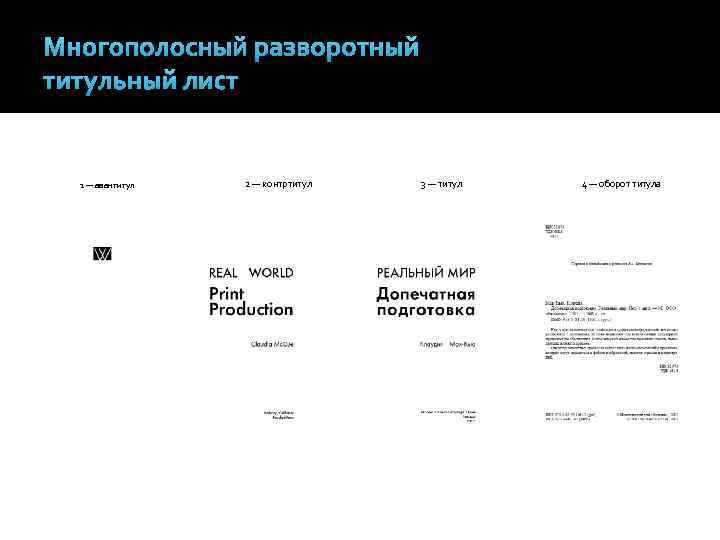 Многополосный разворотный титульный лист 1 — авантитул 2 — контртитул 3 — титул 4