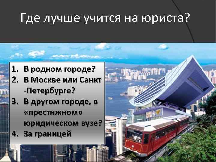 Где лучше учится на юриста? 1. 2. 3. 4. В родном городе? В Москве