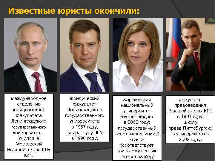 Известные юристы окончили: международное отделение юридического факультета Ленинградского государственного университета. Учился в Московской Высшей