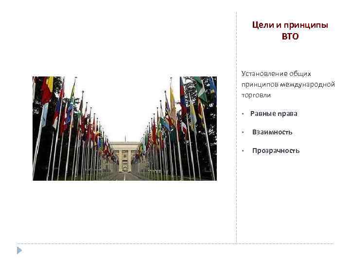 Цели и принципы ВТО Установление общих принципов международной торговли • Равные права • Взаимность