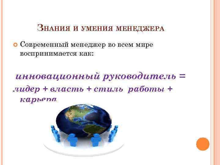 ЗНАНИЯ И УМЕНИЯ МЕНЕДЖЕРА Современный менеджер во всем мире воспринимается как: инновационный руководитель =