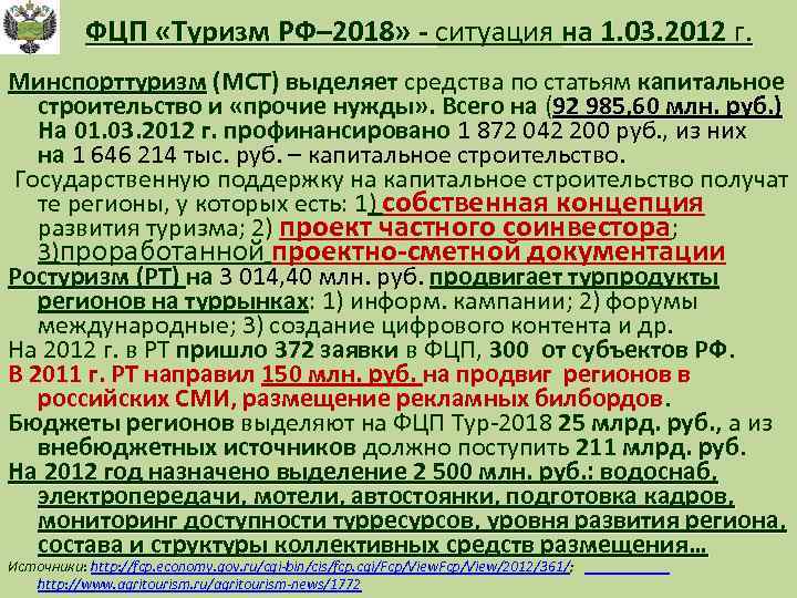 ФЦП «Туризм РФ– 2018» - ситуация на 1. 03. 2012 г. Минспорттуризм (МСТ) выделяет