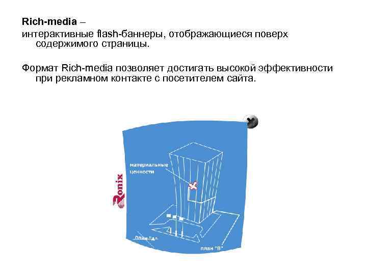 Rich-media – интерактивные flash-баннеры, отображающиеся поверх содержимого страницы. Формат Rich-media позволяет достигать высокой эффективности