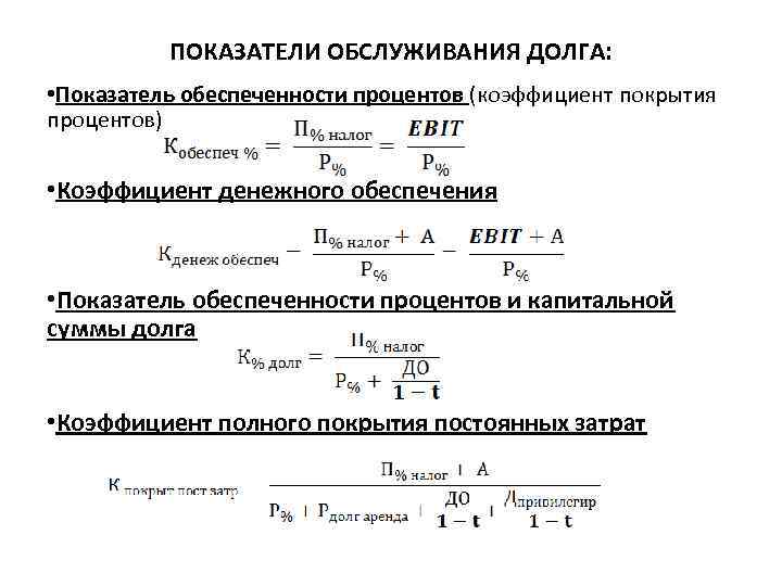 ПОКАЗАТЕЛИ ОБСЛУЖИВАНИЯ ДОЛГА: • Показатель обеспеченности процентов (коэффициент покрытия процентов) • Коэффициент денежного обеспечения