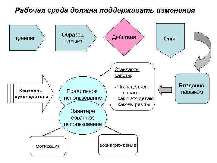 Рабочая среда должна поддерживать изменения Образец навыка тренинг Действия Опыт Стандарты работы: Контроль руководителя