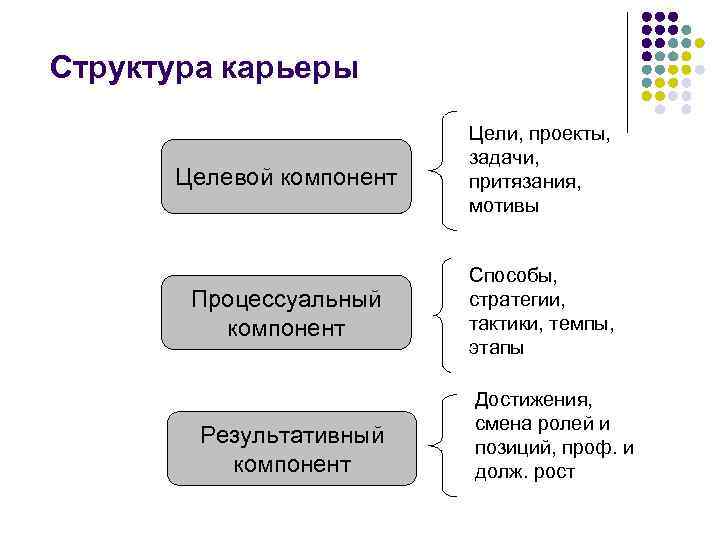 Структура карьеры Целевой компонент Цели, проекты, задачи, притязания, мотивы Процессуальный компонент Способы, стратегии, тактики,