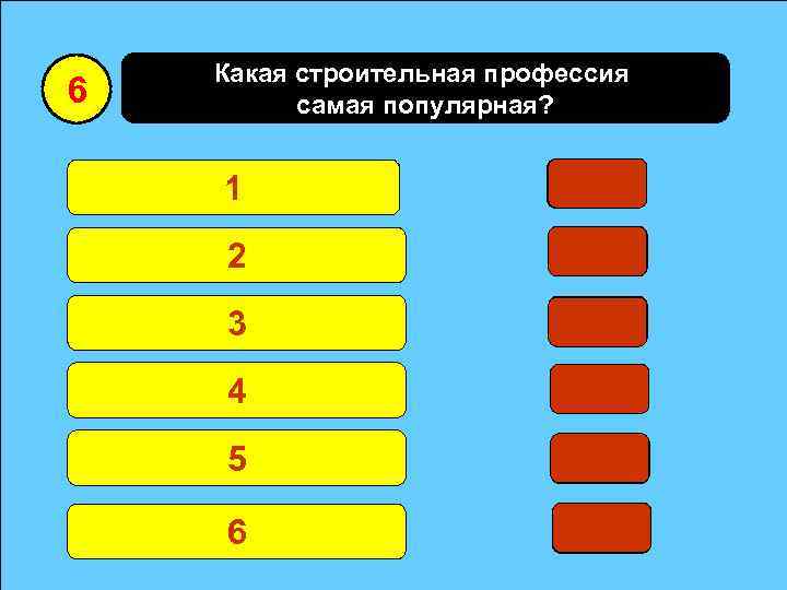 6 Какая строительная профессия самая популярная? Штукатур 1 Маляр 2 30 0 Плиточник 3