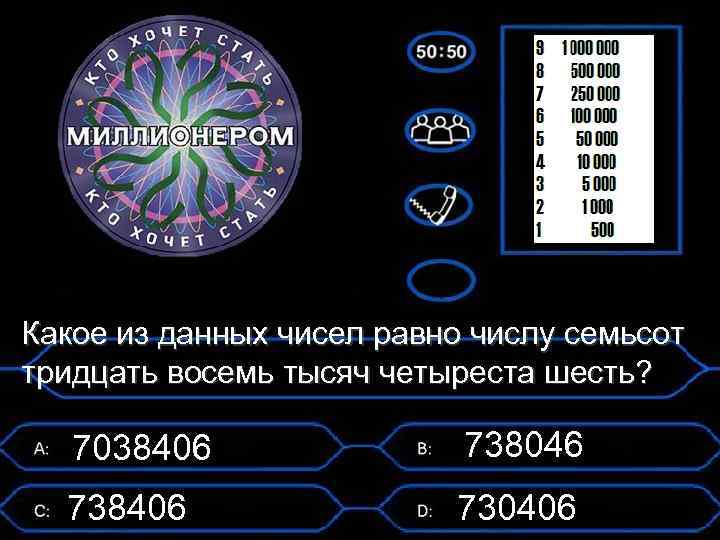Какое из данных чисел равно числу семьсот тридцать восемь тысяч четыреста шесть? 7038406 738046