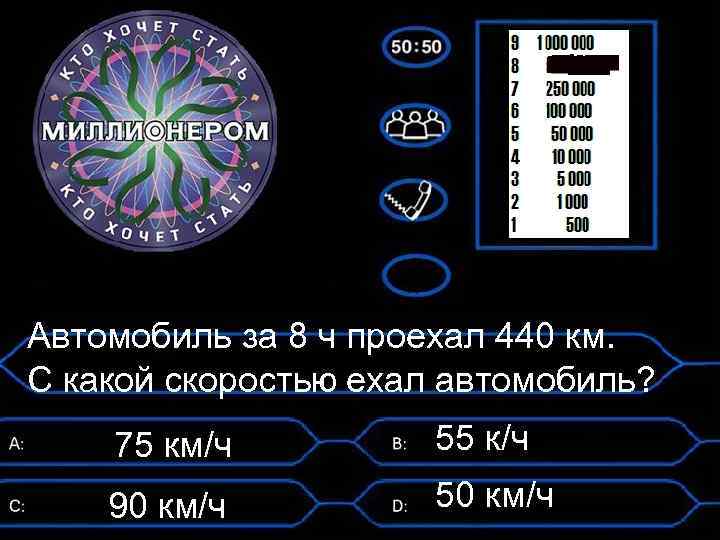 Автомобиль за 8 ч проехал 440 км. С какой скоростью ехал автомобиль? 75 км/ч