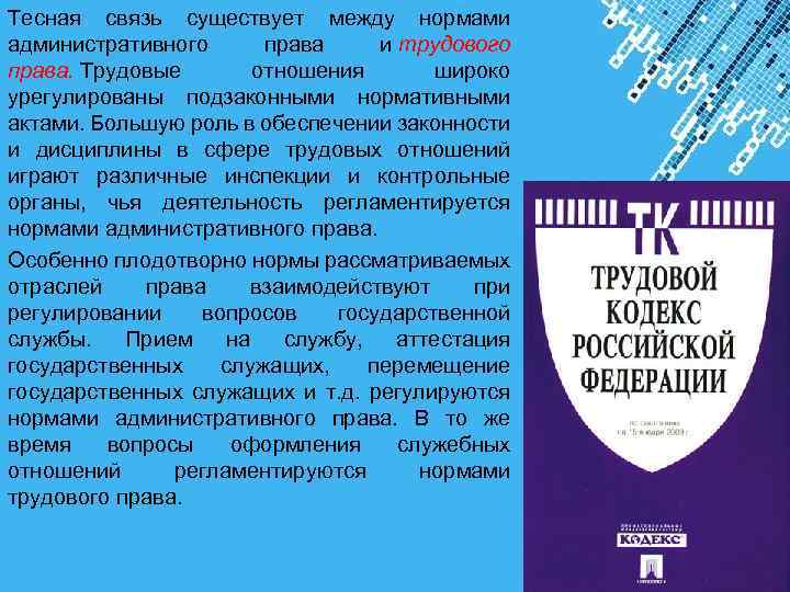 Тесная связь существует между нормами административного права и трудового права. Трудовые отношения широко урегулированы