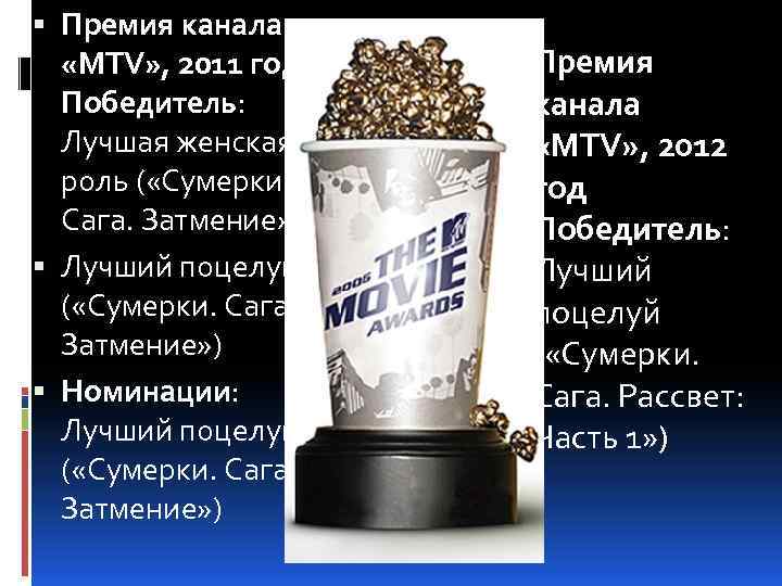  Премия канала «MTV» , 2011 год Победитель: Лучшая женская роль ( «Сумерки. Сага.