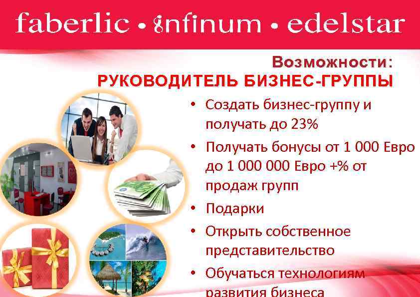 Возможности: РУКОВОДИТЕЛЬ БИЗНЕС-ГРУППЫ • Создать бизнес-группу и получать до 23% • Получать бонусы от