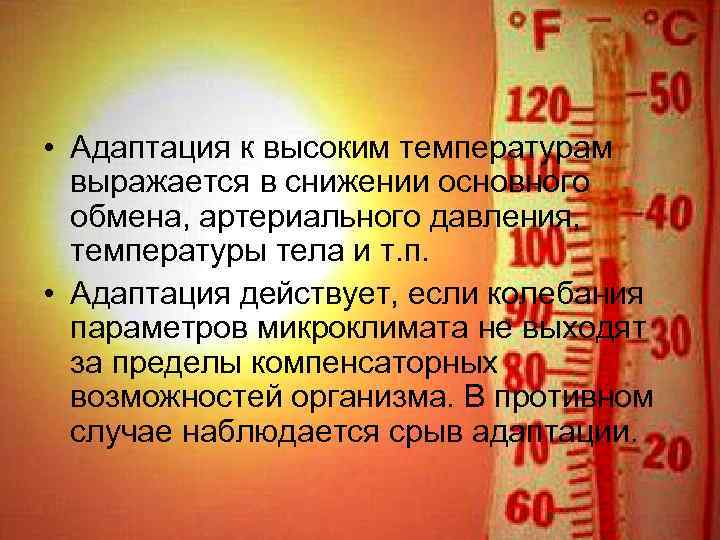  • Адаптация к высоким температурам выражается в снижении основного обмена, артериального давления, температуры