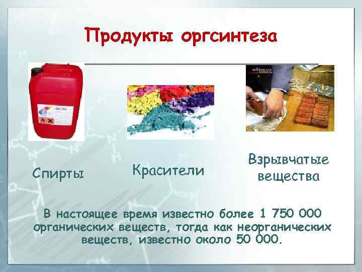 Продукты оргсинтеза Спирты Красители Взрывчатые вещества В настоящее время известно более 1 750 000