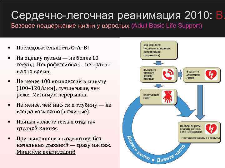 Сердечно-легочная реанимация 2010: B. Базовое поддержание жизни у взрослых (Adult Basic Life Support) •