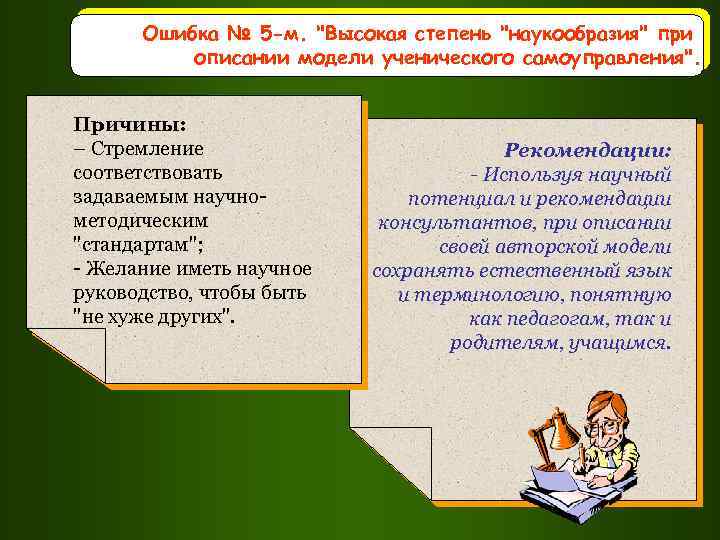 Ошибка № 5 -м. "Высокая степень "наукообразия" при описании модели ученического самоуправления". Причины: –