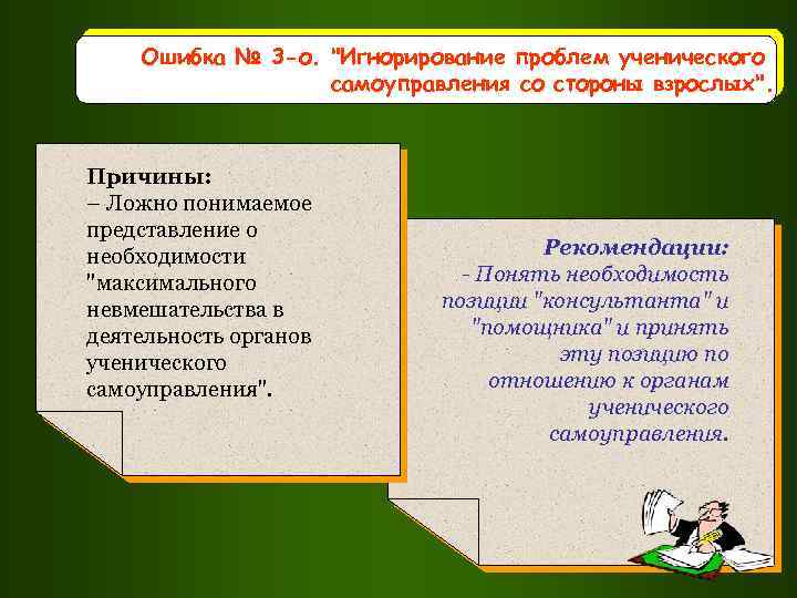 Ошибка № 3 -о. "Игнорирование проблем ученического самоуправления со стороны взрослых". Причины: – Ложно