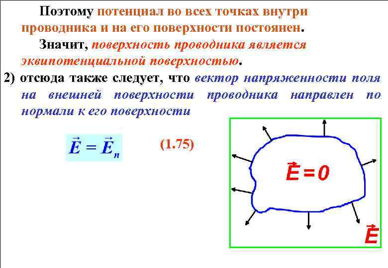 Поэтому потенциал во всех точках внутри проводника и на его поверхности постоянен. Значит, поверхность