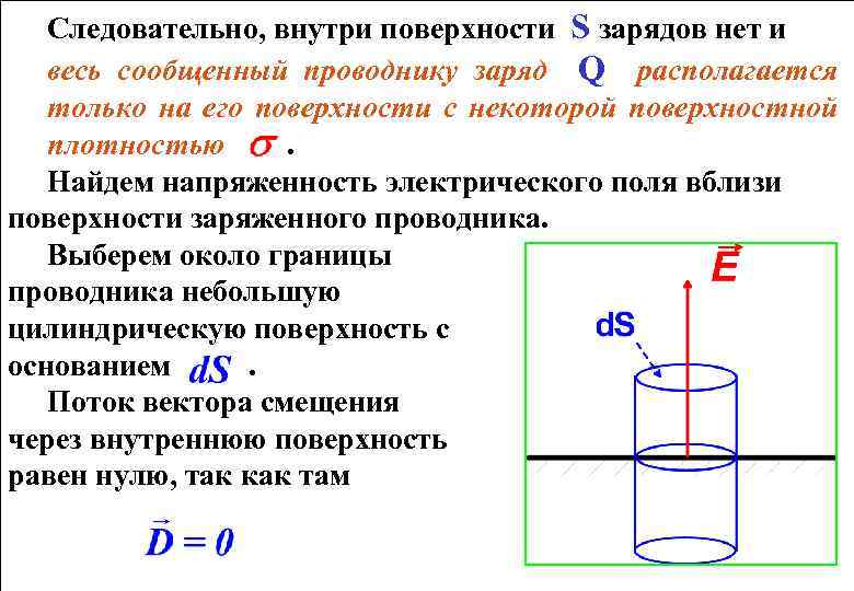 Следовательно, внутри поверхности S зарядов нет и весь сообщенный проводнику заряд Q располагается только