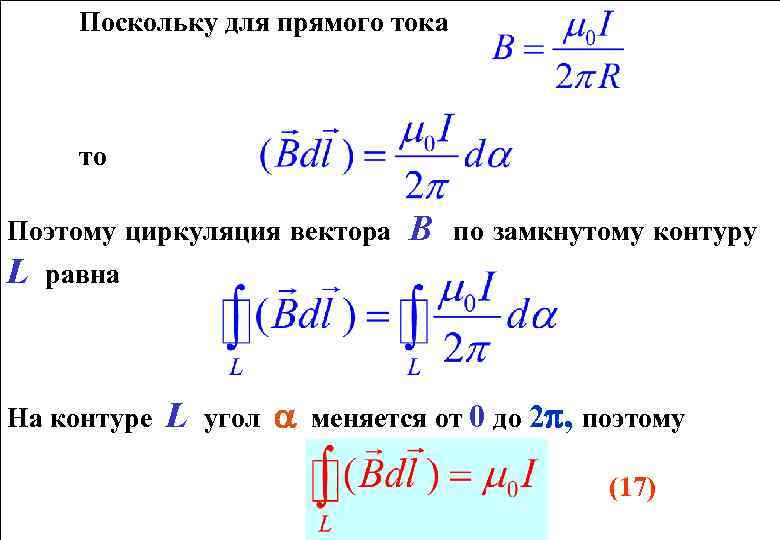 Поскольку для прямого тока то Поэтому циркуляция вектора L В по замкнутому контуру равна