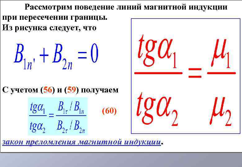 Рассмотрим поведение линий магнитной индукции при пересечении границы. Из рисунка следует, что С учетом