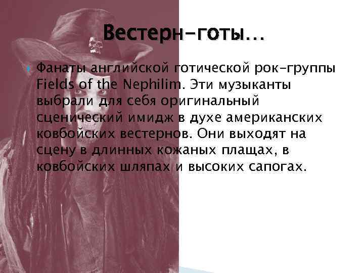 Вестерн-готы… Фанаты английской готической рок-группы Fields of the Nephilim. Эти музыканты выбрали для себя