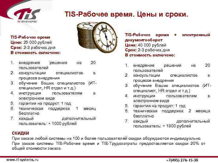 TIS-Рабочее время. Цены и сроки. TIS-Рабочее время Цена: 25 000 рублей Срок: 2 -3