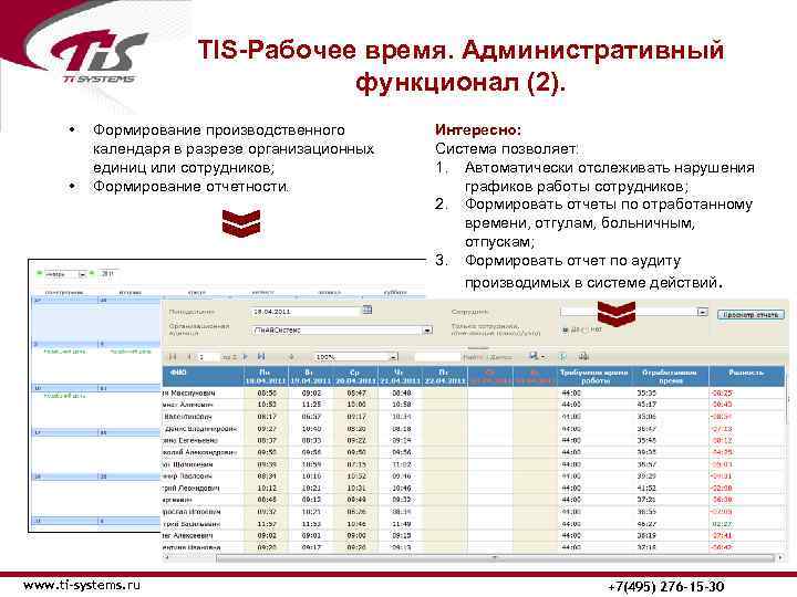 TIS-Рабочее время. Административный функционал (2). • • Формирование производственного календаря в разрезе организационных единиц