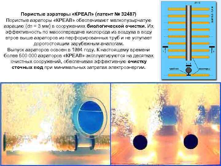 Пористые аэраторы «КРЕАЛ» (патент № 32487) Пористые аэраторы «КРЕАЛ» обеспечивают мелкопузырчатую аэрацию (dп =