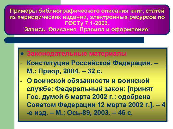Примеры библиографического описания книг, статей из периодических изданий, электронных ресурсов по ГОСТу 7. 1