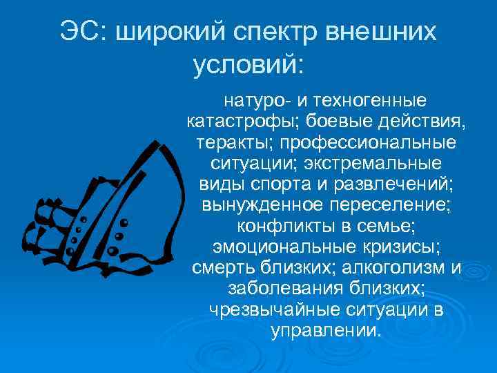 ЭС: широкий спектр внешних условий: натуро- и техногенные катастрофы; боевые действия, теракты; профессиональные ситуации;