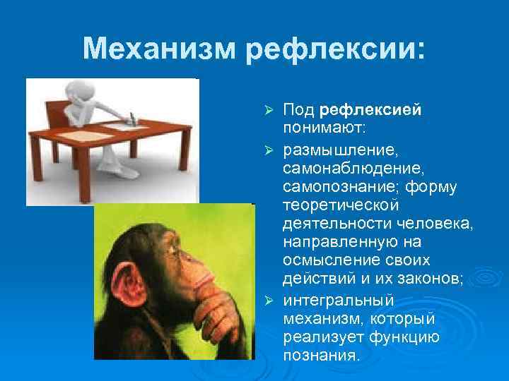 Механизм рефлексии: Под рефлексией понимают: Ø размышление, самонаблюдение, самопознание; форму теоретической деятельности человека, направленную