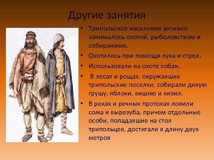 Другие занятия • Трипольское население активно занималось охотой, рыболовством и собиранием. • Охотились при