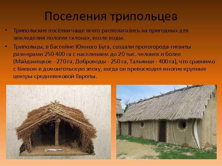 Поселения трипольцев • Трипольские посёлки чаще всего располагались на пригодных для земледелия пологих склонах,