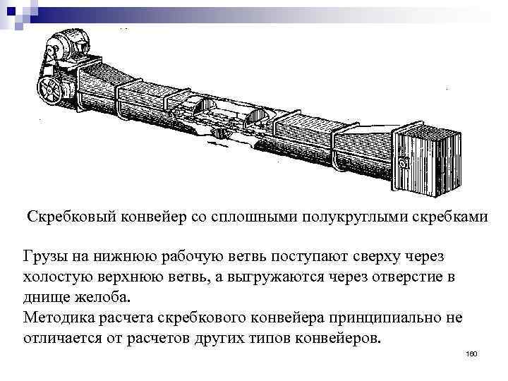 Скребковый конвейер со сплошными полукруглыми скребками Грузы на нижнюю рабочую ветвь поступают сверху через