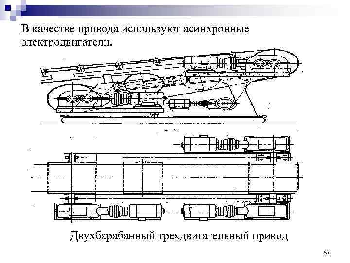 В качестве привода используют асинхронные электродвигатели. Двухбарабанный трехдвигательный привод 85 