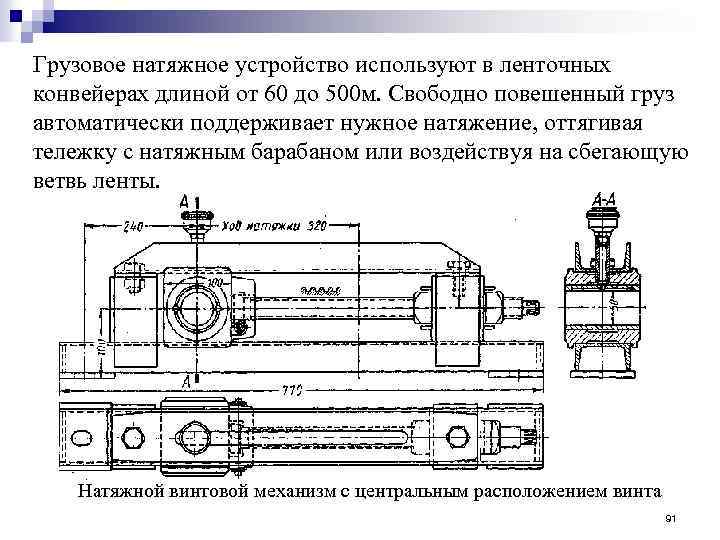 Грузовое натяжное устройство используют в ленточных конвейерах длиной от 60 до 500 м. Свободно