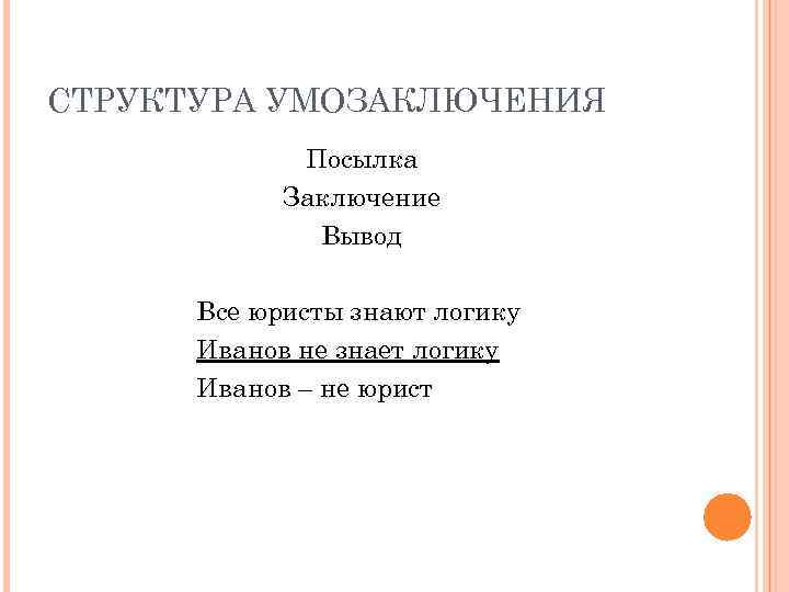 СТРУКТУРА УМОЗАКЛЮЧЕНИЯ Посылка Заключение Вывод Все юристы знают логику Иванов не знает логику Иванов